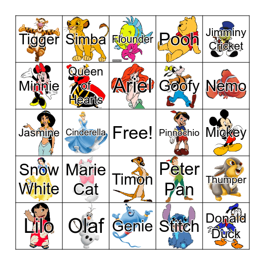 Disney Character Bingo Card