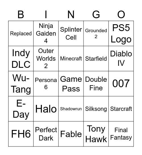 Xbox Games Showcase Bingo Card