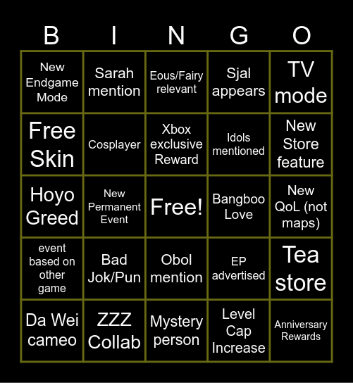 2.0 Livestream Bingo Card