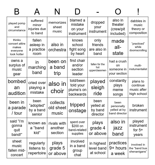 band-o! (band kid bingo) Bingo Card