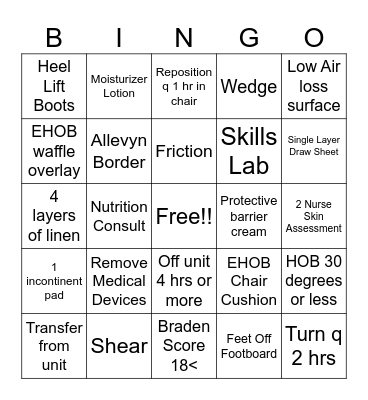 Pressure Injury Prevention Bingo Card