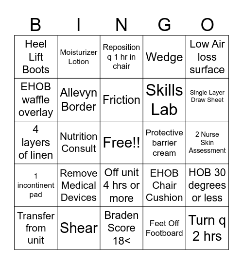 Pressure Injury Prevention Bingo Card