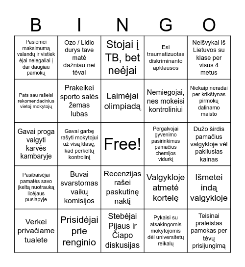 Ar iš tikrųjų baigei licėjų? Bingo Card