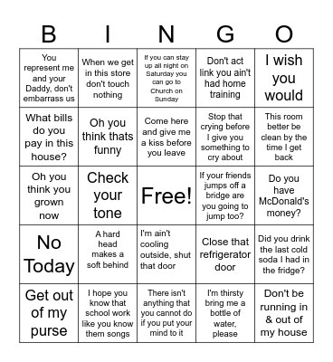 Black Mama Sayings Bingo Card