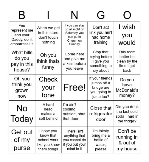 Black Mama Sayings Bingo Card