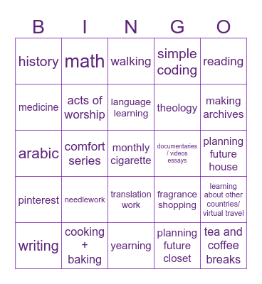 Things I like doing and studying Bingo Card