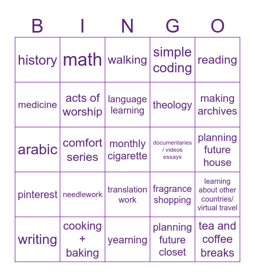 Things I like doing and studying Bingo Card