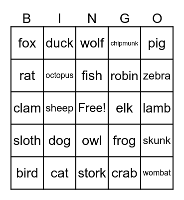 Animal Bingo Card