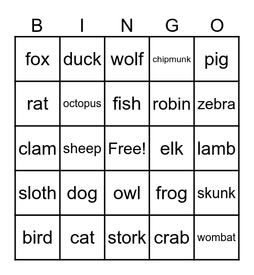 Animal Bingo Card