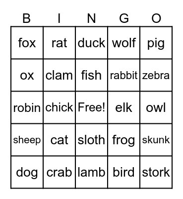 Animal Bingo Card