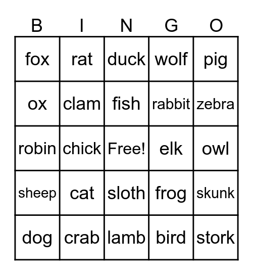 Animal Bingo Card