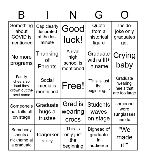 Grad Bingo Card