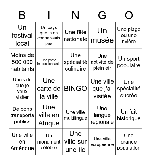 Les villes francophones Bingo Card