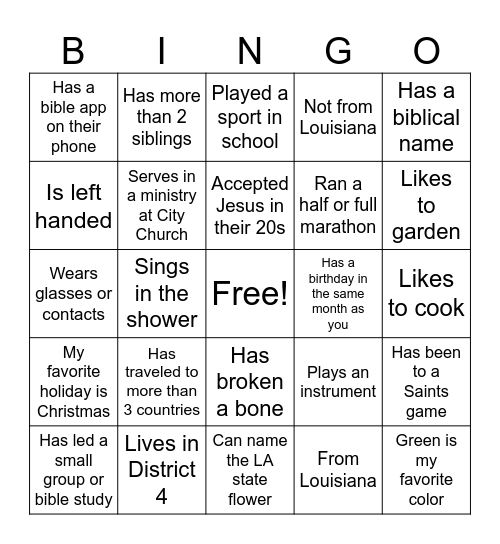 City Church Human Bingo Card