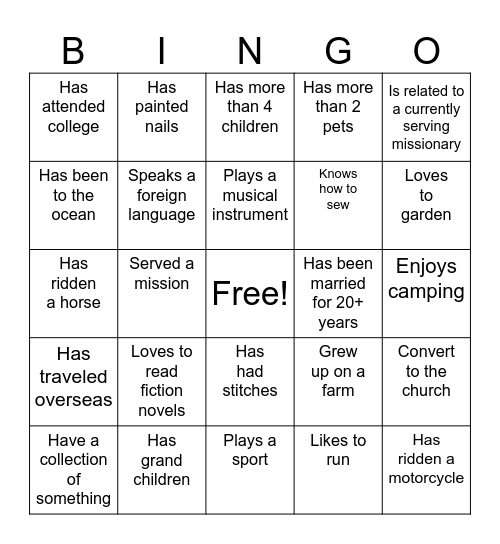 Relief Society Get to Know You Bingo Card