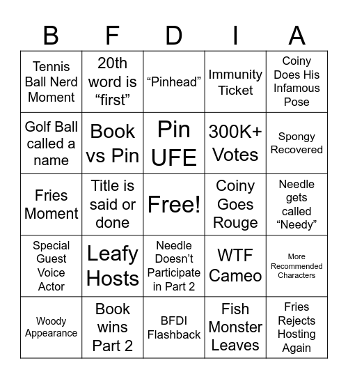 BFDIA 20 Predictions Bingo Card