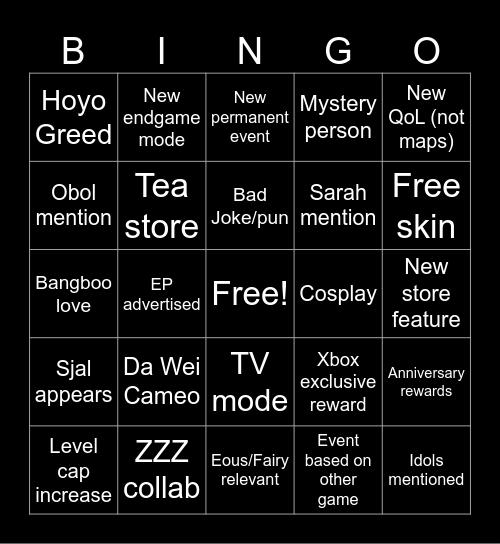 Shanaha 2.0 Livestream Bingo Card