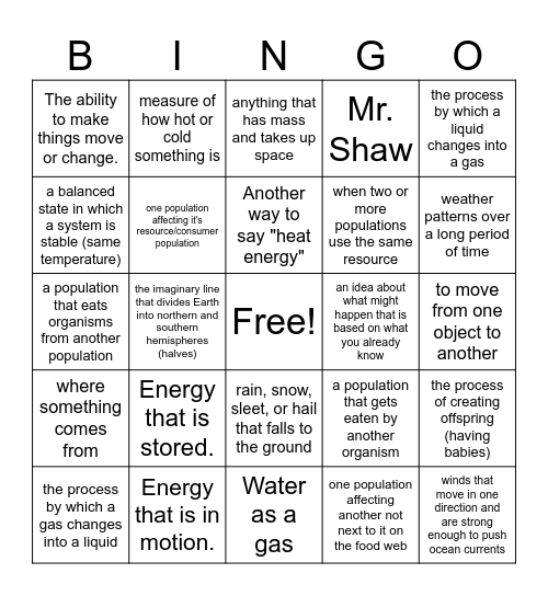 6th Grade Science Bingo Card