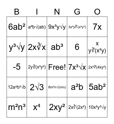 Math Bingo Card