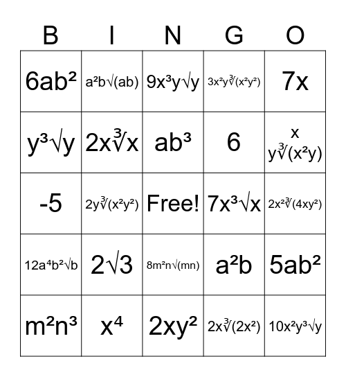 Math Bingo Card