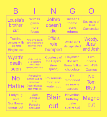 Sunrise on the Reaping Movie Bingo Card