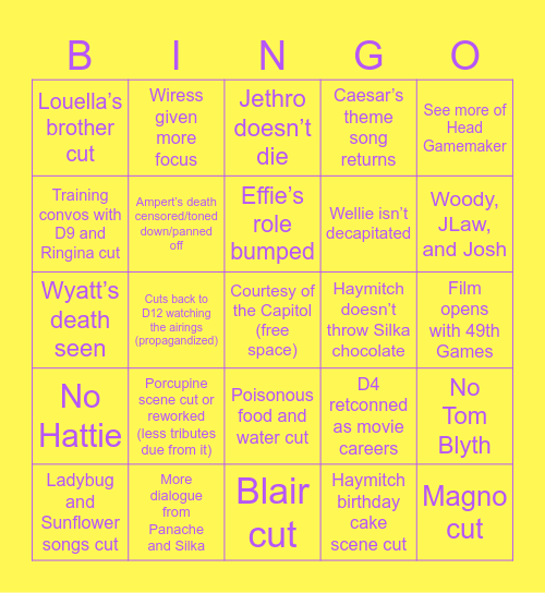 Sunrise on the Reaping Movie Bingo Card