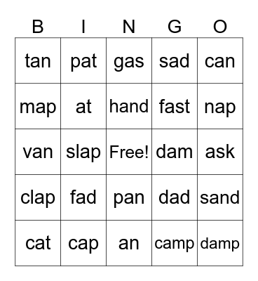 Short a Bingo Card