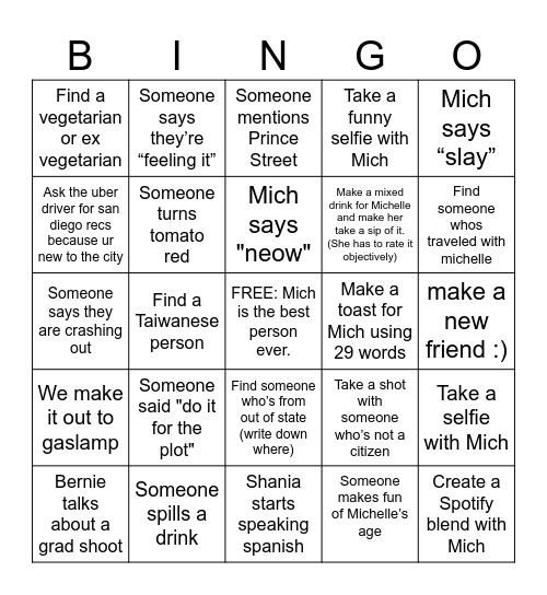 Mich 29 Bingo Card