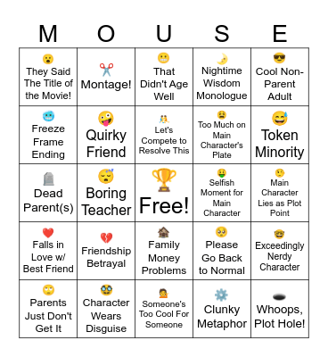 Disney Channel Original Movie Bingo Card