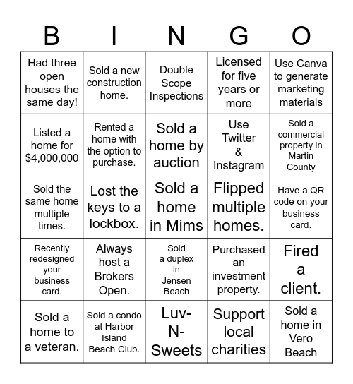 Realtors & Friends Networking Luncheon Bingo Card