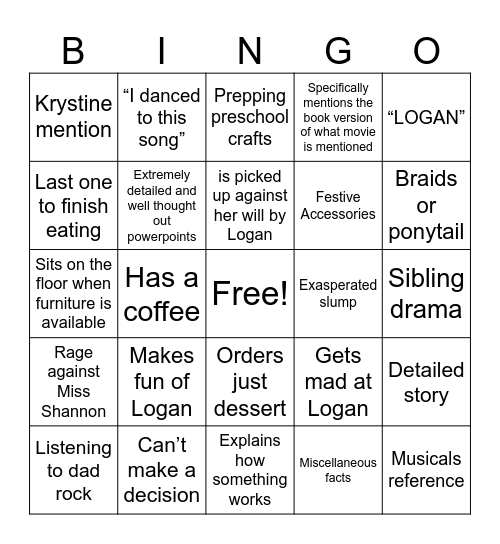Isabella Bingo Card