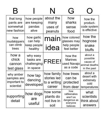 Main Idea Bingo Card