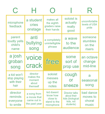 Middle School Chorus Concert Bingo Card
