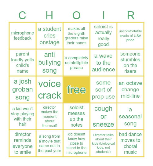 Middle School Chorus Concert Bingo Card