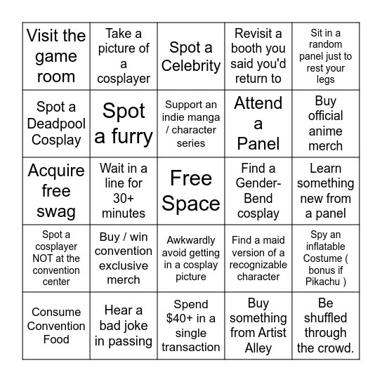 First Time Not-Genericon Anime Con Bingo Card