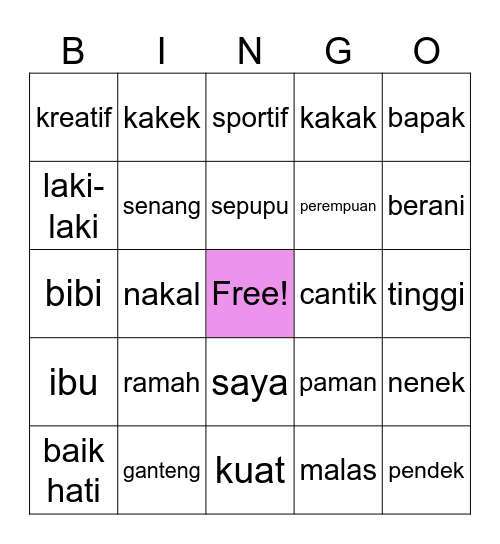 Adjectives Bingo Card