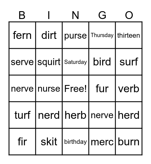 /ir/    /er/    /ur/ Bingo Card
