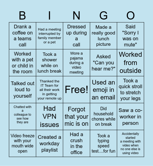 Remote Work Bingo! Bingo Card
