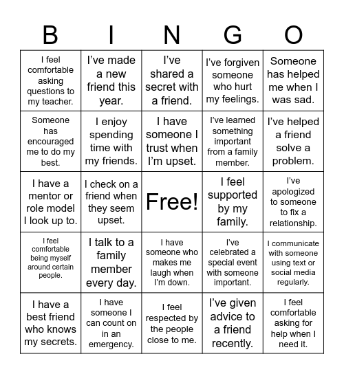 Relationship Bingo Card Bingo Card