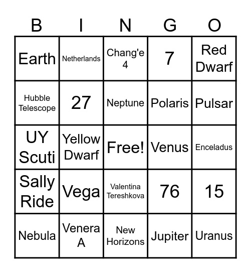 Astronomy Trivia Bingo Card