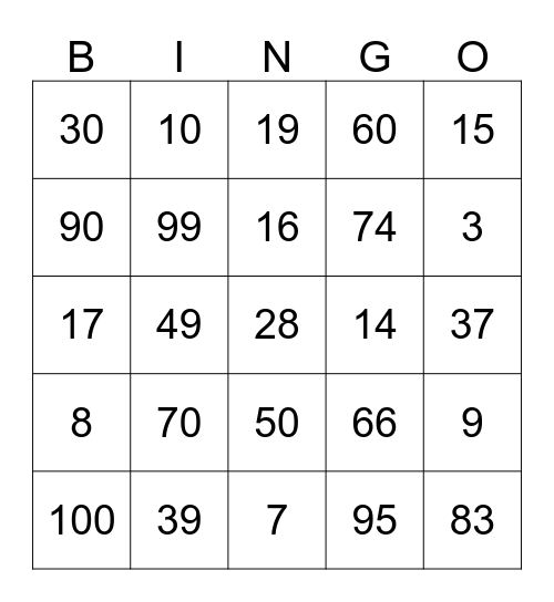 Les Nombres 1-100 Bingo Card