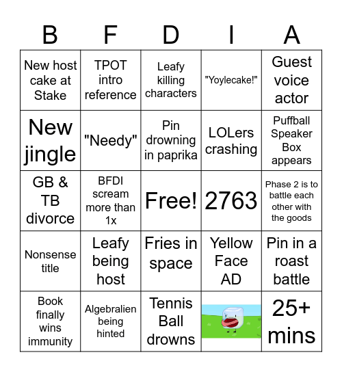 BFDIA 20 Predictions Bingo Card