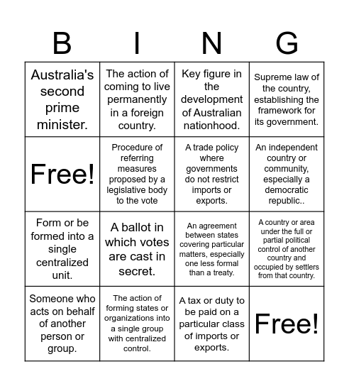 Political Vocabulary Bingo Card