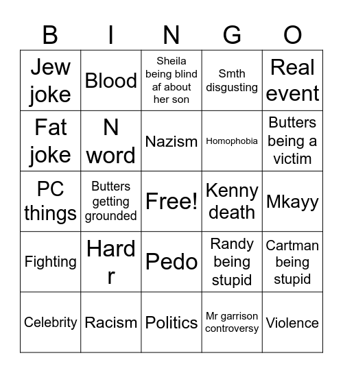 South Park Bingo Card