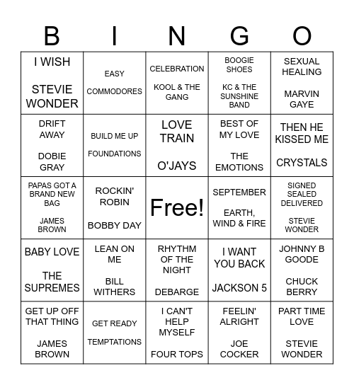 MOTOWN, SOUL & LITTLE ROCK N ROLL Bingo Card