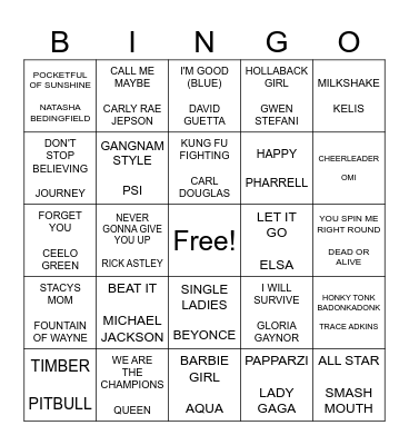 CATCHY SONGS Bingo Card