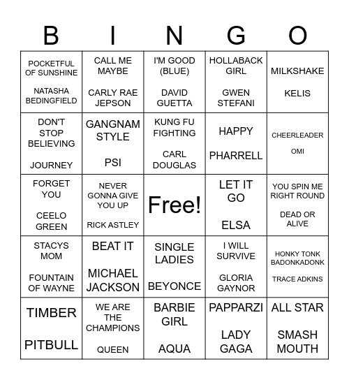 CATCHY SONGS Bingo Card