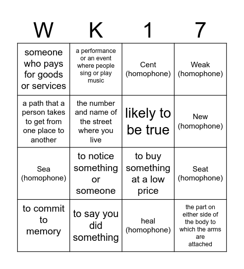 Word Search Bingo Card