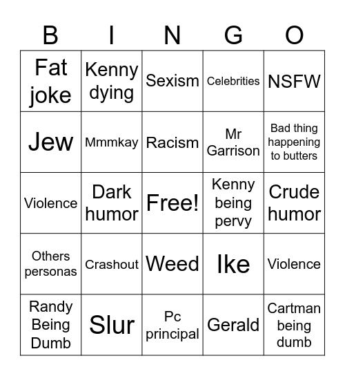 South Park Bingo Card