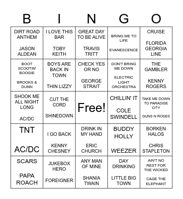 COUNTRY / ROCK MIX Bingo Card